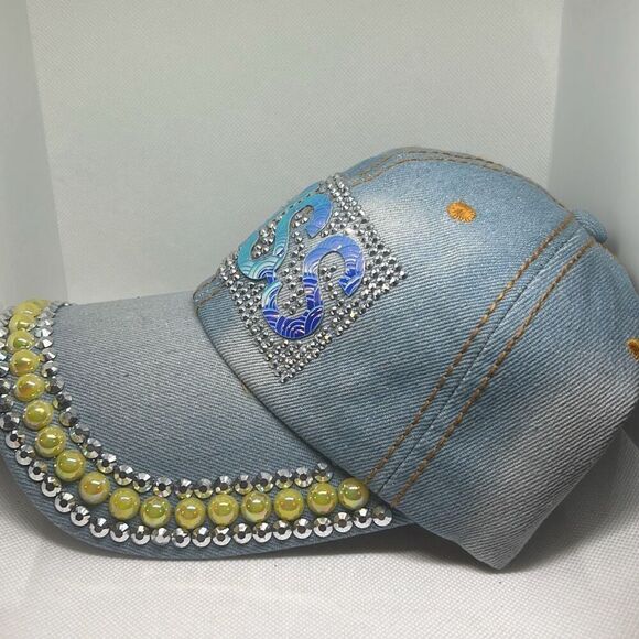 KISS Embellished Denim Baseball Cap with Yellow Rhinestones - Picture 2 of 3